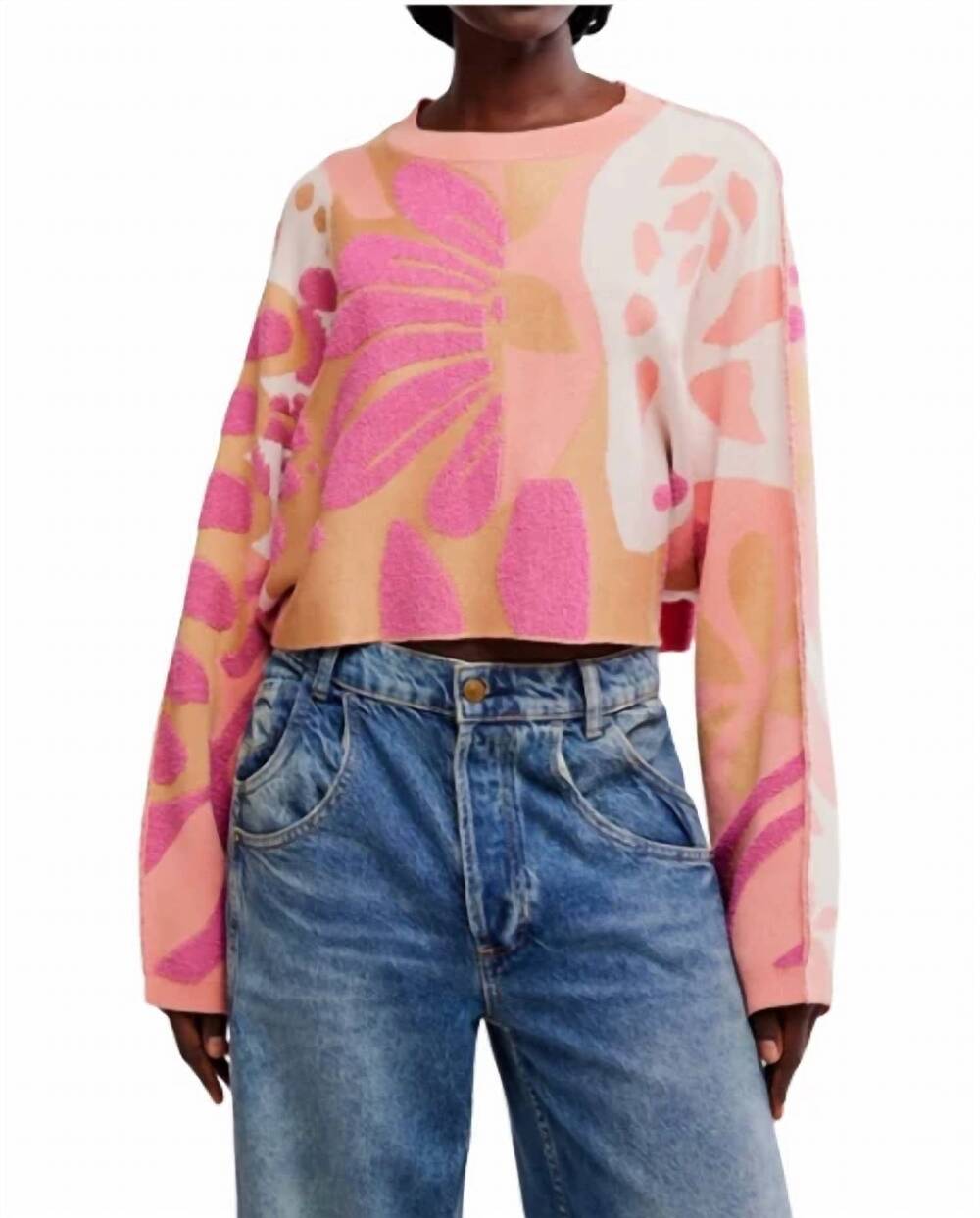 NEW FREE PEOPLE mia long sleeves pullover top in coral kiss combo